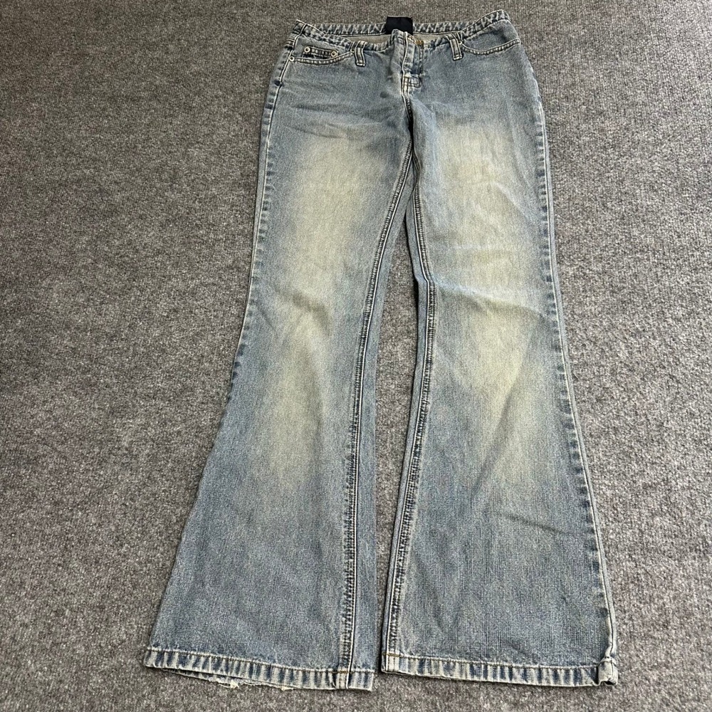 One Tuff Babe Jeans Womens Size 5/6 Blue Cotton Flared Low Rise Y2K Distressed